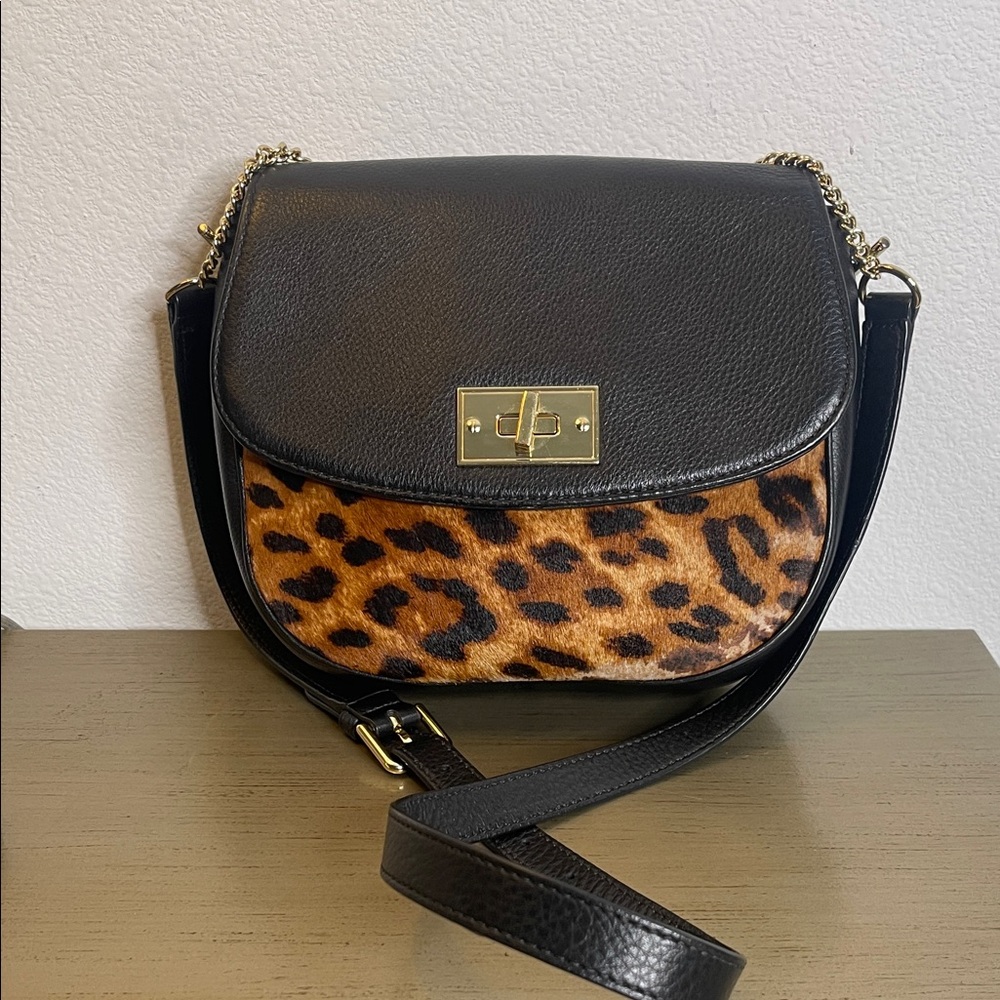 Talbots Black and Leopard Print Crossbody Bag